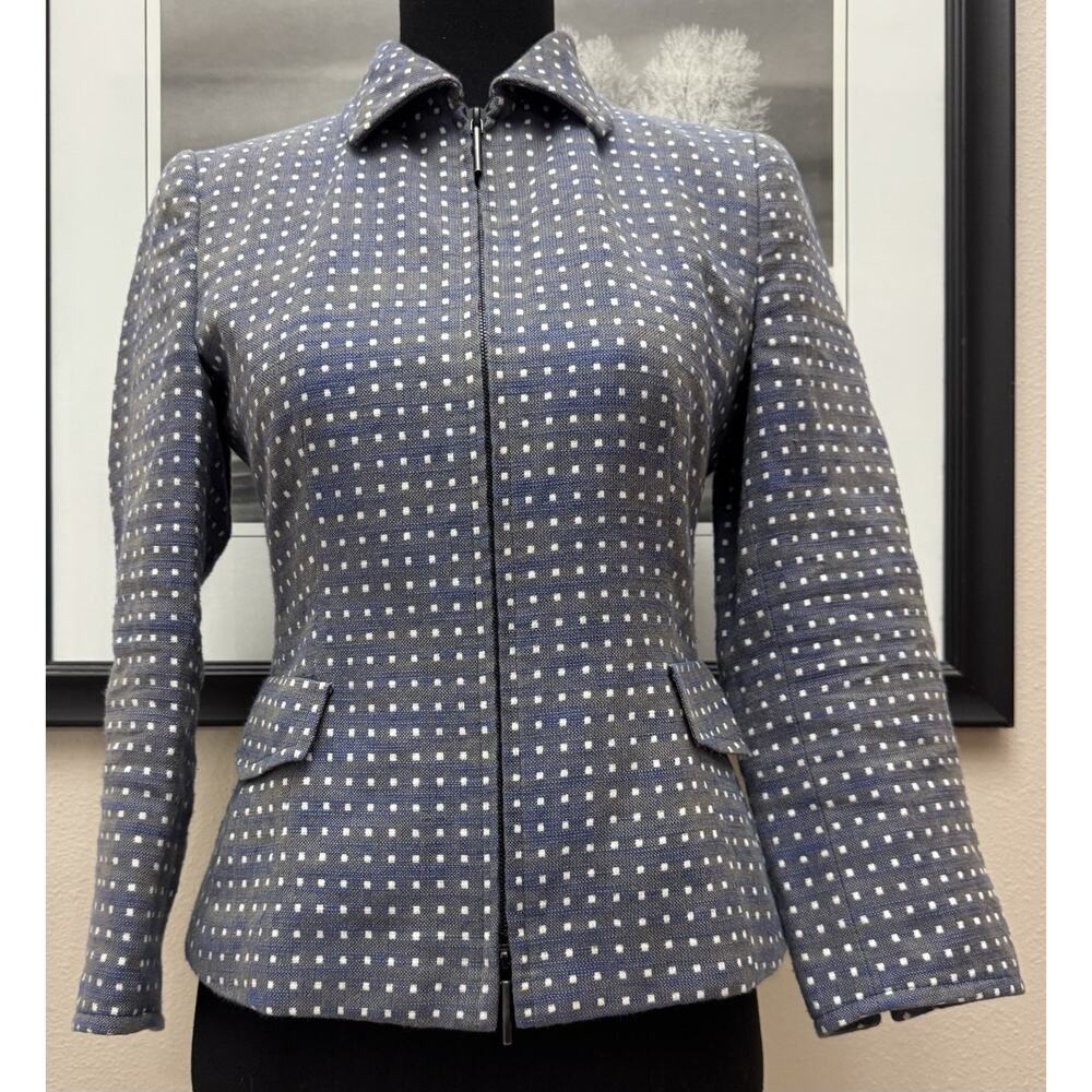 Akris Punto Womens 4 Blue Linen Blend Textured Zip Up Jacket Blazer